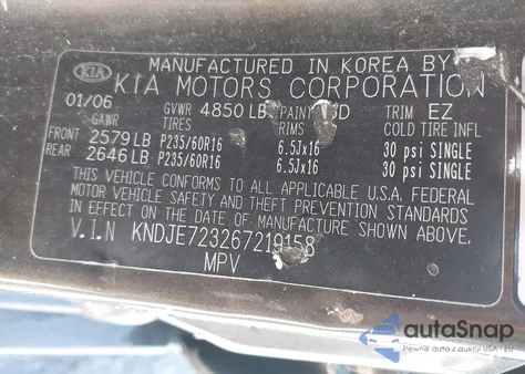 2006 Kia Sportage Ex V6/Lx V6 z USA, uszkodzony, nr VIN KNDJE723267219158